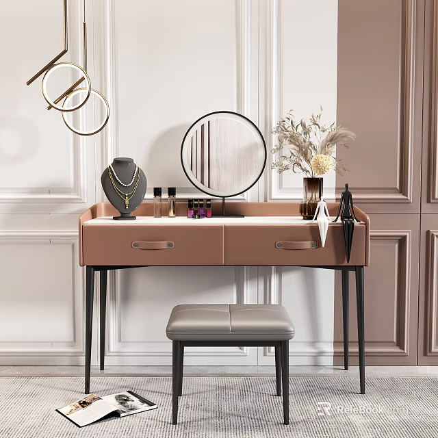 Modern Blush Dressing Table With Round Mirror Leather Stool And Dried Flowers 3d model 