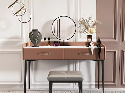 Modern Blush Dressing Table With Round Mirror Leather Stool And Dried Flowers 3d model