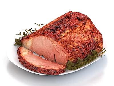 Sliced Roasted Ham with Crispy Crust on White Plate and Fresh Rosemary 3d model