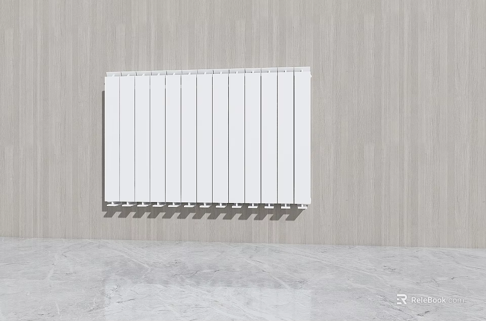 White Radiator Mounted On Light Wooden Wall With Marble Floor Interior 3d model 
