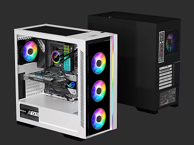 White and Black Gaming PC Cases with Transparent Side Panels and RGB Fans 3d model