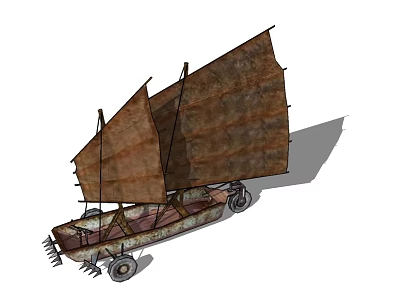 Retro Car Design With Large Canvas Sails And Wooden Wheels Structure 3d model