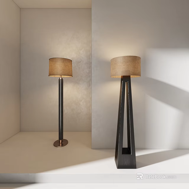 Modern Minimalist Floor Lamps With Beige Fabric Shades And Black Cylindrical Triangular Bases 3d model