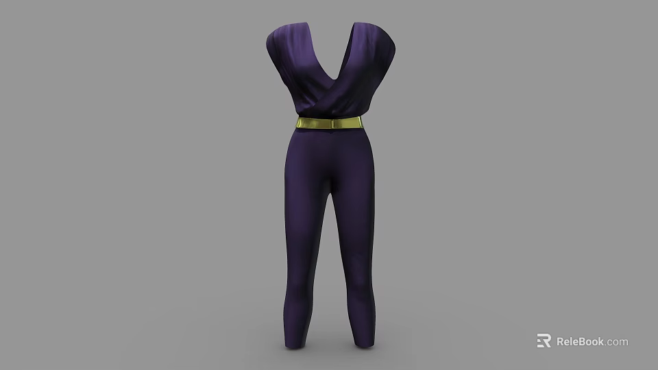 Purple Deep V Neck Jumpsuit With Gold Belt Elegant Fitted Design 3d model 