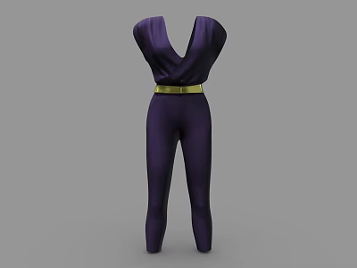Purple Deep V Neck Jumpsuit With Gold Belt Elegant Fitted Design 3d model