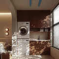 Modern Home Balcony With Washer Dryer Wooden Cabinets Sink Blinds And Sunlight