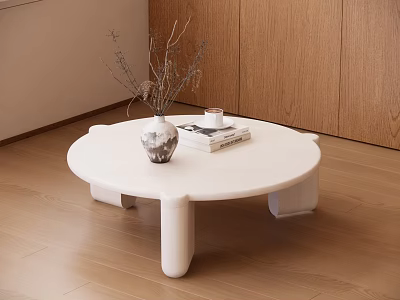 White Round Coffee Table With Vase Dried Flowers Book And Candle In Modern Living Room 3d model