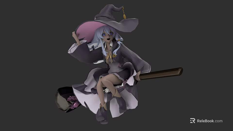 Fantasy Witch Character Riding Broomstick In Gray Robe With Purple Hat And Blue Hair 3d model 