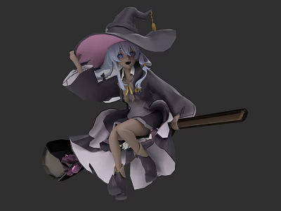 Fantasy Witch Character Riding Broomstick In Gray Robe With Purple Hat And Blue Hair 3d model