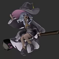 Fantasy Witch Character Riding Broomstick In Gray Robe With Purple Hat And Blue Hair