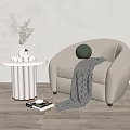 Beige Single Sofa with White Round Side Table Green Spherical Pillow and Checkered Blanket 3d model