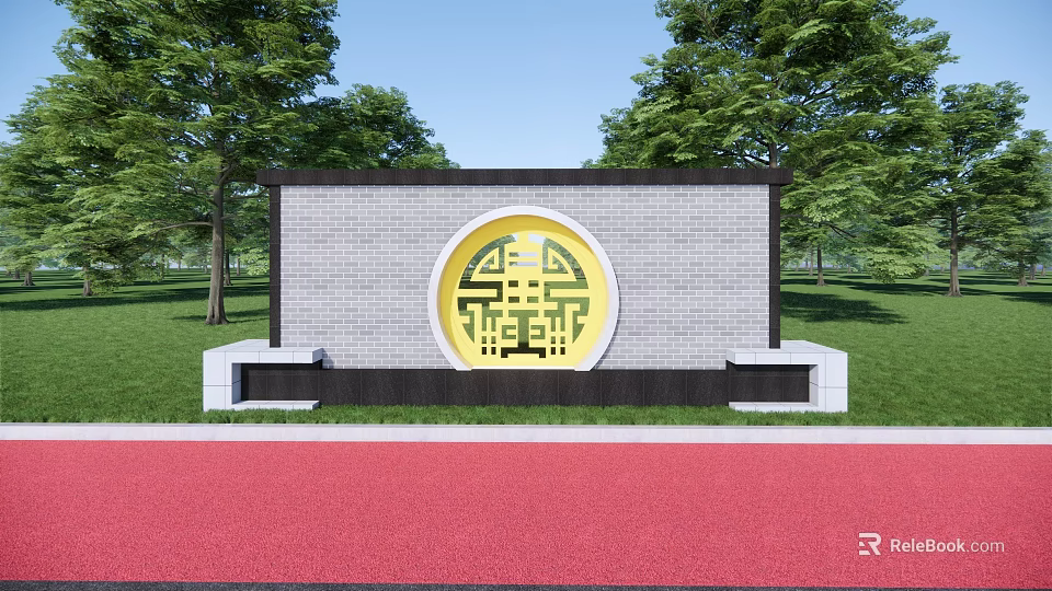 Garden Wall with Yellow Circular Lattice Design Brick Structure Stone Benches Green Lawn and Trees 3d model 