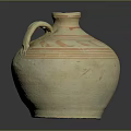 Artisanal Hand Carved Clay Vessel With Orange Painted Patterns And Decorative Handle