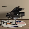 Stylish Piano Room With Black Grand Piano Stool And Round Rug On Wooden Floor