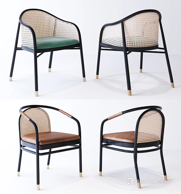 Modern Rattan Leisure Chairs With Green Brown Cushions Black Metal Legs And Golden Foot Pads 3d model 