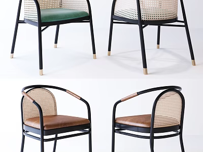 Modern Rattan Leisure Chairs With Green Brown Cushions Black Metal Legs And Golden Foot Pads 3d model