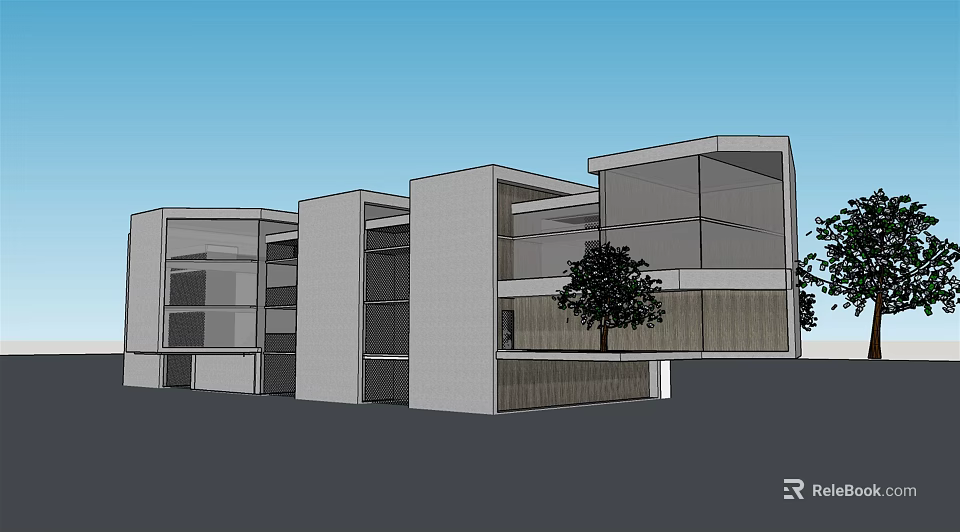 Modern Museum Building With Glass Facade White Walls And Geometric Design Surrounded By Trees 3d model 