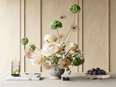 Gray Vase With White Peonies Green Flower Bouquet And Purple Plums On Wooden Table 3d model