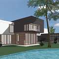 Modern Detached Villa With Glass Facade Water Pool Outdoor Lawn And Sunset Sky