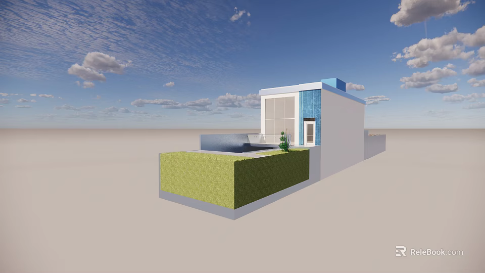 Modern Sleek Detached Villa With White Blue Exterior Green Low Wall Courtyard 3d model 