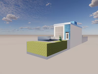 Modern Sleek Detached Villa With White Blue Exterior Green Low Wall Courtyard 3d model