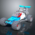 Electric Toy Off Road Buggy With Blue White Gray Body And Red Rimmed Wheels