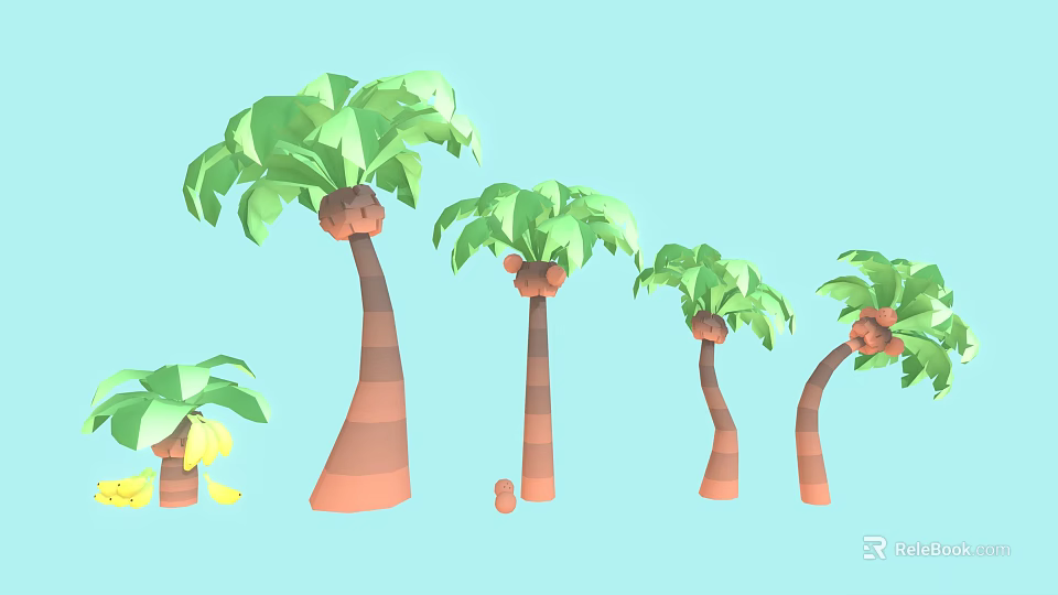 Palm Trees With Striped Trunks Green Leaves And Coconuts On Light Blue Background 3d model 