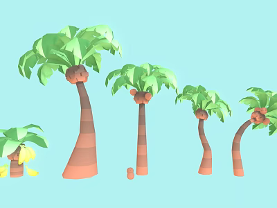 Palm Trees With Striped Trunks Green Leaves And Coconuts On Light Blue Background 3d model