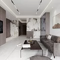 Modern Minimalist Living And Dining Room With Marble Surfaces Leather Sofa And Custom Wine Cabinet
