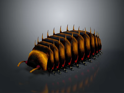 Black and yellow spiky caterpillar on shiny surface with detailed body 3d model