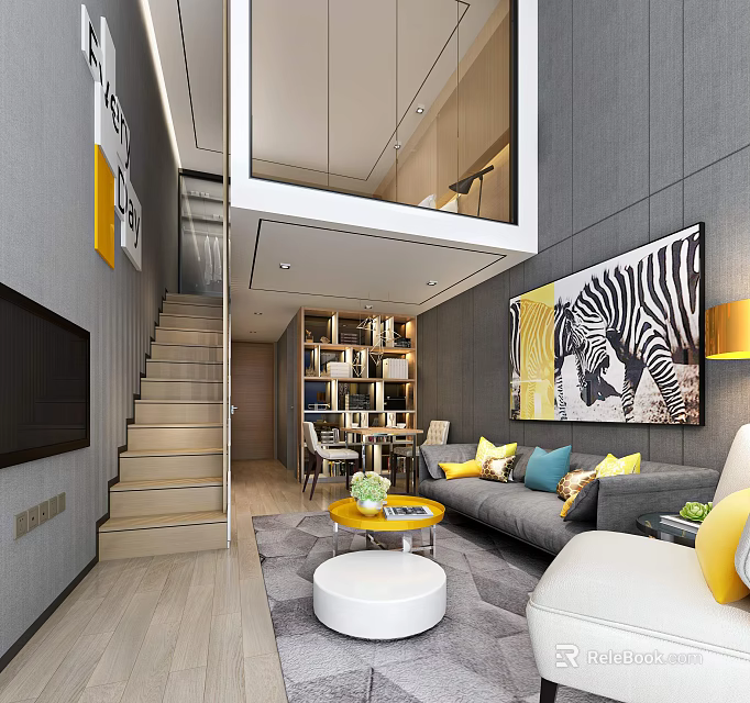 Duplex Living Room Interior Design With Wooden Staircase Bookshelves Gray Sofa And Zebra Painting 3d model 