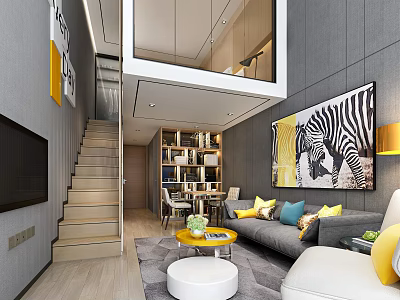 Duplex Living Room Interior Design With Wooden Staircase Bookshelves Gray Sofa And Zebra Painting 3d model