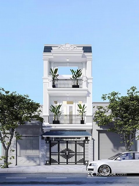 Modern Three Story White Detached Villa With Balconies Plants And Trees 3d model 