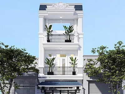 Modern Three Story White Detached Villa With Balconies Plants And Trees 3d model