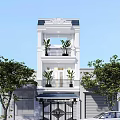 Modern Three Story White Detached Villa With Balconies Plants And Trees