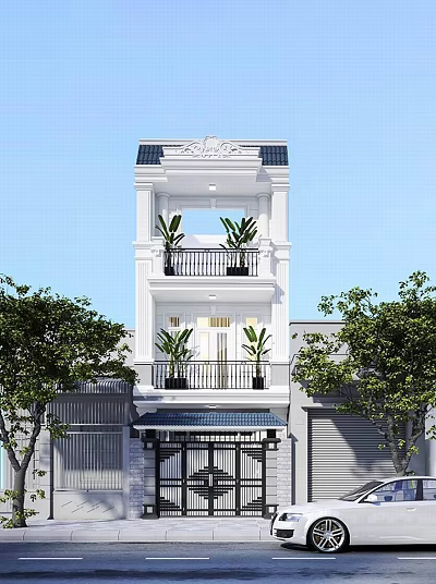 Modern Three Story White Detached Villa With Balconies Plants And Trees 3d model