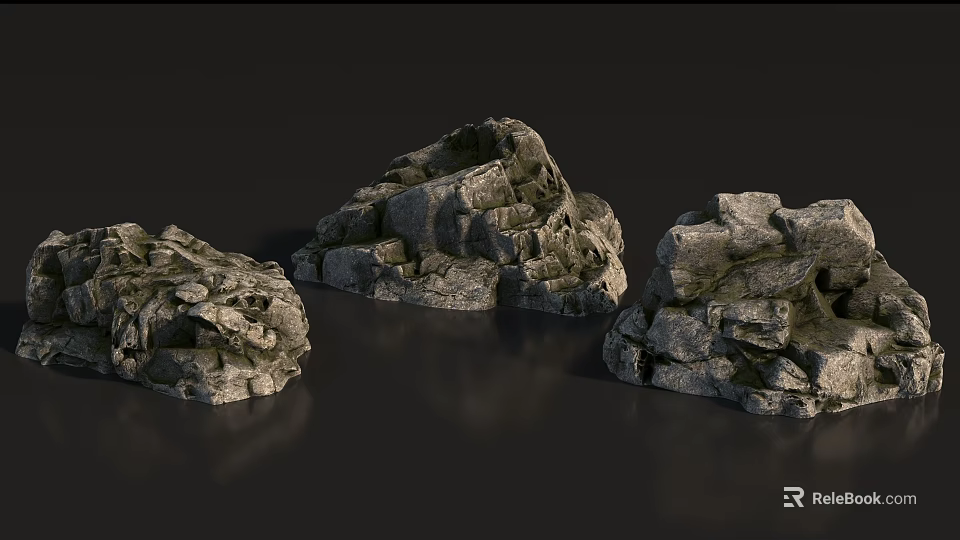Natural Rocks With Rough Surface And Mossy Texture On Dark Background 3d model 