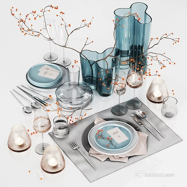 Elegant Turquoise Tableware Set With Plates Glasses Cutlery Vases Candles And Decorative Branches 3d model 