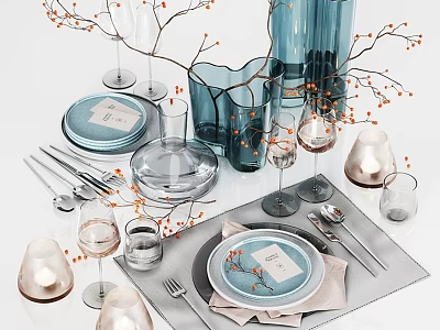Elegant Turquoise Tableware Set With Plates Glasses Cutlery Vases Candles And Decorative Branches 3d model