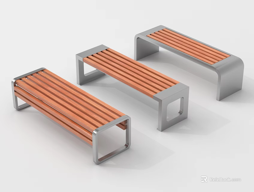 Stylish Modern Landscape Seats With Wooden Slats And Metal Frames 3d model 