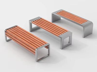 Stylish Modern Landscape Seats With Wooden Slats And Metal Frames 3d model