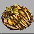 Grilled Small Fish Dish With Lemon Slices Fresh Lettuce And Herbs On Metal Plate
