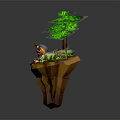 Adorable Orange Game Character Sitting on Floating Island with Green Tree and Grass