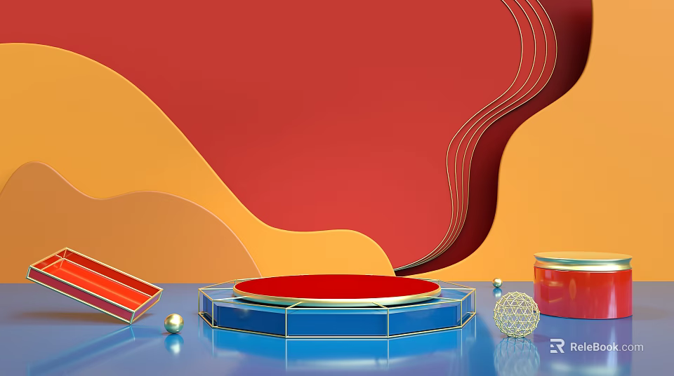 Modern Commercial Equipment Display Platform With Red Circular Top Blue Base And Decorative Elements 3d model