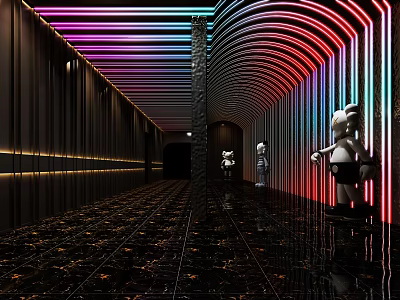 Neon Lit Hotel Corridor With Curved Design Sculptures And Black Marble Flooring 3d model