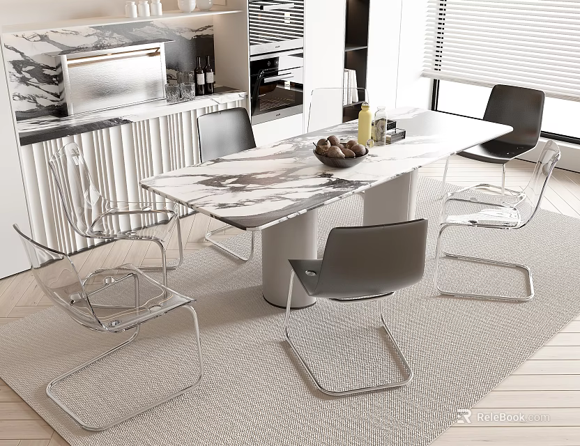 Modern Open Kitchen Marble Dining Table Set With Transparent Chairs Black Seats Metal Frame 3d model 
