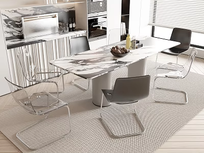 Modern Open Kitchen Marble Dining Table Set With Transparent Chairs Black Seats Metal Frame 3d model
