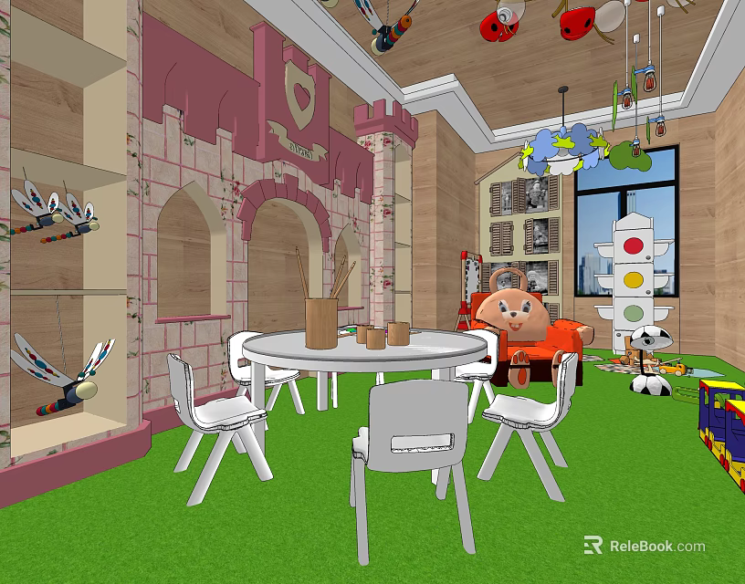 Kindergarten Play Area Interior With Colorful Walls White Tables Green Carpet And Toys 3d model 