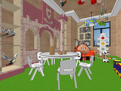 Kindergarten Play Area Interior With Colorful Walls White Tables Green Carpet And Toys 3d model