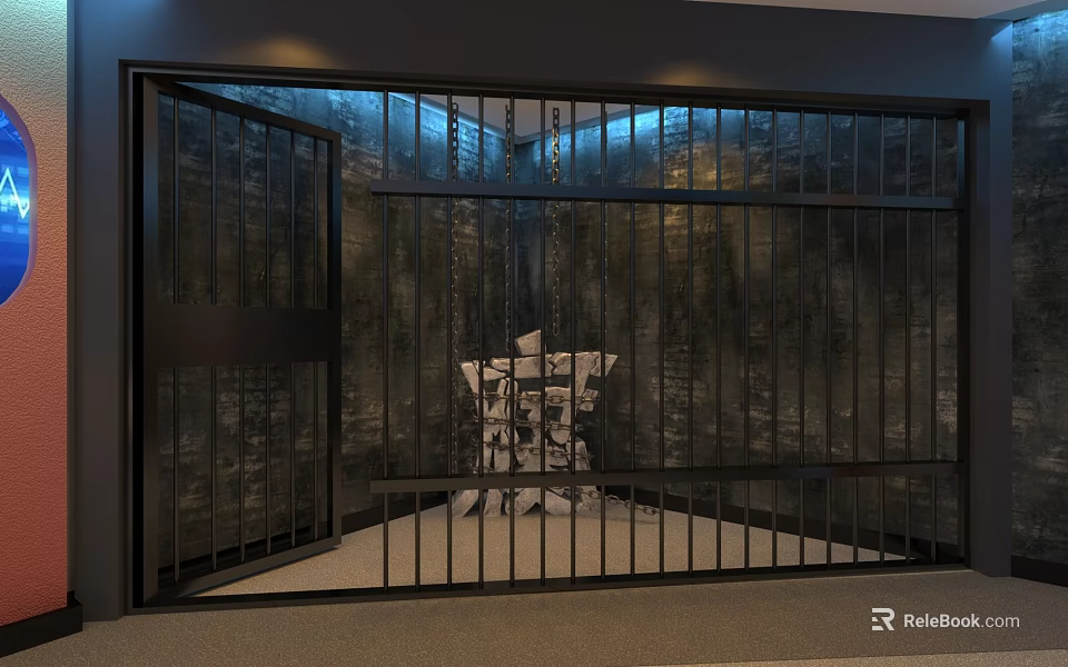 Iron Bars Secure Enclosed Room Featuring Open Door And Central Chair 3d model 